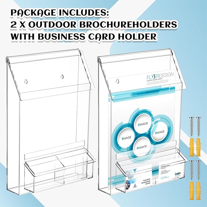 Barydat 2 Pieces Outdoor Brochure Holder with Business Card Holder Waterproof Wall Mount Literature Box Pamphlet Box Acrylic Brochure Organizer for Pamphlet Map Menu 8.75x11.75x2.25 Inch
