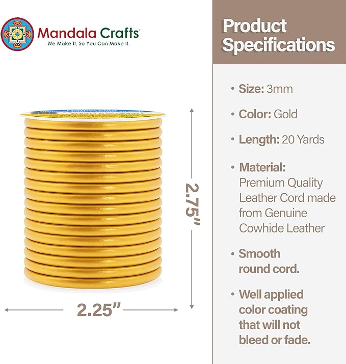 Mandala Crafts Round Genuine Gold Leather Cord for Jewelry Making – 3mm Cowhide Leather Rope String Lace for Kumihimo – 20 Yards Cowhide Craft Cording Spool