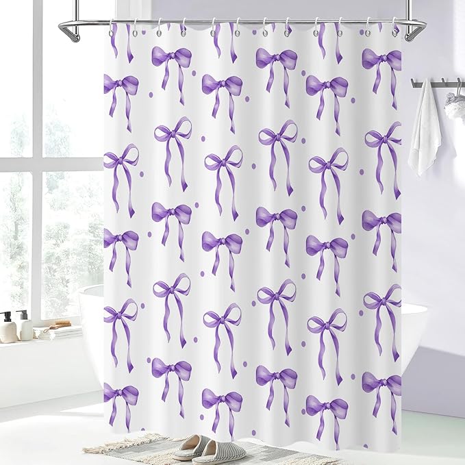Purple Bow Shower Curtain, Purple and White Modern Aesthetic Bowknot with Polka Dot Cute Girly Bathroom Curtain Waterproof Fabric Machine Washable with Hooks, 72" Wx84 L