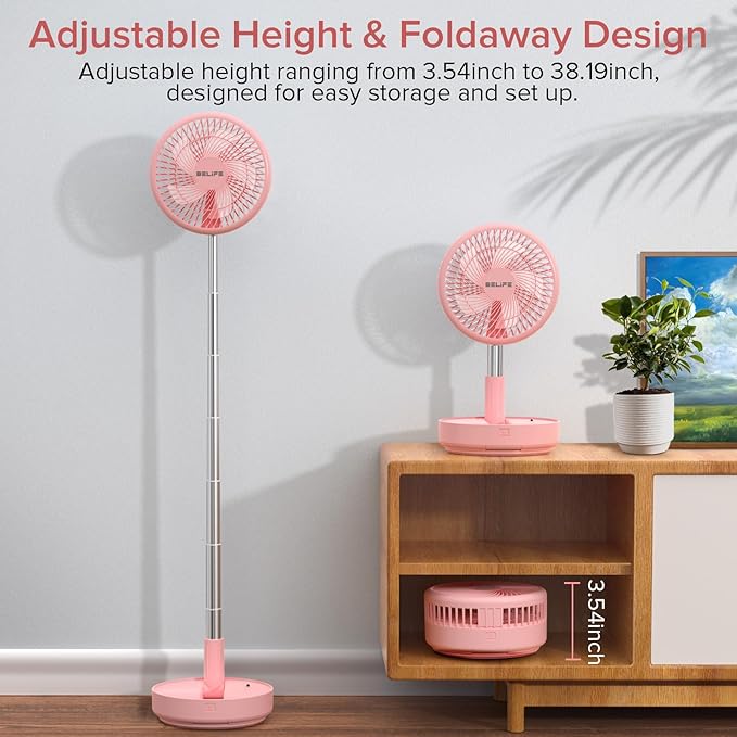 Belife X8 Portable Fan, 7200mAh Battery Powered Rechargeable, Oscillating USB Desk Floor Fan with Remote, Foldable Telescopic Fan for Home Bedroom Sleeping Office Camping Travel, 7.7" (Pink)