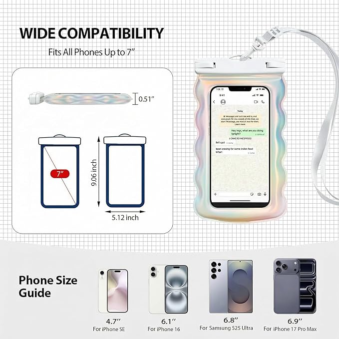 Floatable Waterproof Phone Pouch Case for iPhone 17 16 Pro Max/15/14, IP68 Travel Cellphone Dry Bag Beach Cruise Ship Essentials Bags with Crossbody Lanyard, Pearlescent Wave Style - 7″