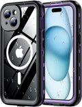 Red2Fire for iPhone 15 Case Waterproof, [Built-in Screen Protector & Camera Protector][Compatible with MagSafe][Full Body Shockproof][IP68 Waterproof][Dustproof] Phone Case 6.1" Purple/Clear
