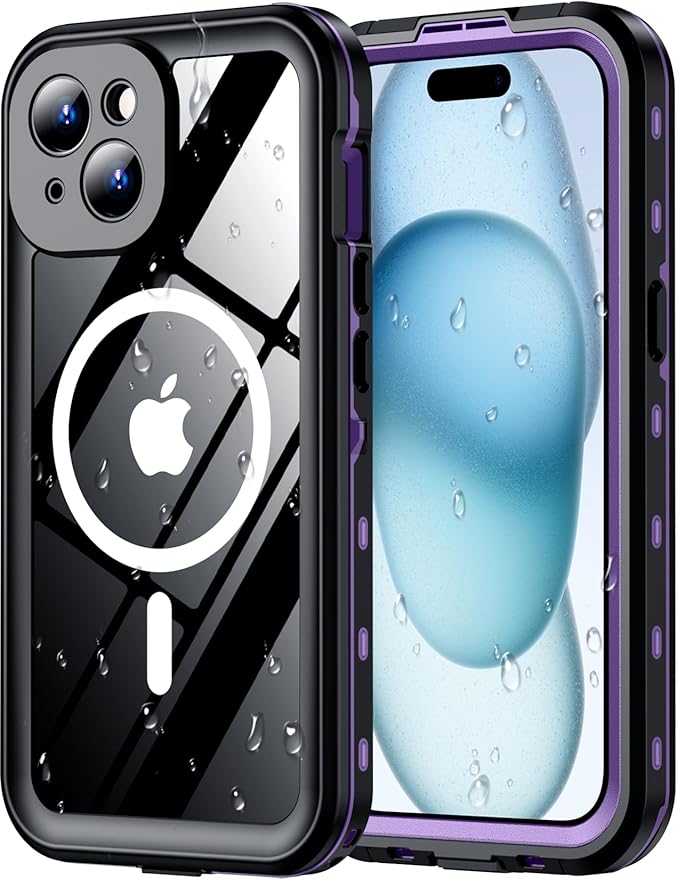 Red2Fire for iPhone 15 Case Waterproof, [Built-in Screen Protector & Camera Protector][Compatible with MagSafe][Full Body Shockproof][IP68 Waterproof][Dustproof] Phone Case 6.1" Purple/Clear