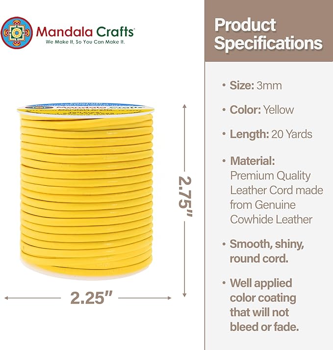 Mandala Crafts Round Genuine Yellow Leather Cord for Jewelry Making – 3mm Cowhide Leather Rope String Lace for Kumihimo – 20 Yards Cowhide Craft Cording Spool
