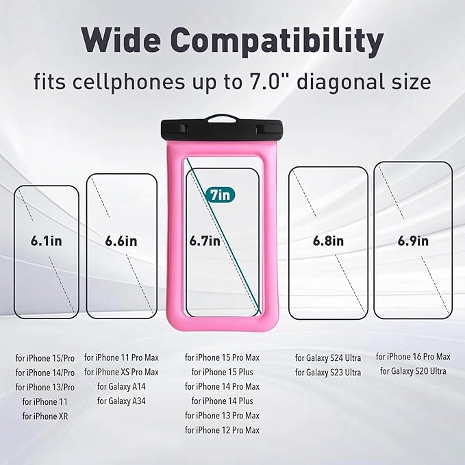 Floatable Waterproof Phone Pouch/Case with Crossbody Lanyard for iPhone 17 Series 16 Pro Max/15 Pro/14/13/12, IP68 Cellphone Dry Bag Beach Cruise Ship Essentials, 1 Pack-Pink-7″