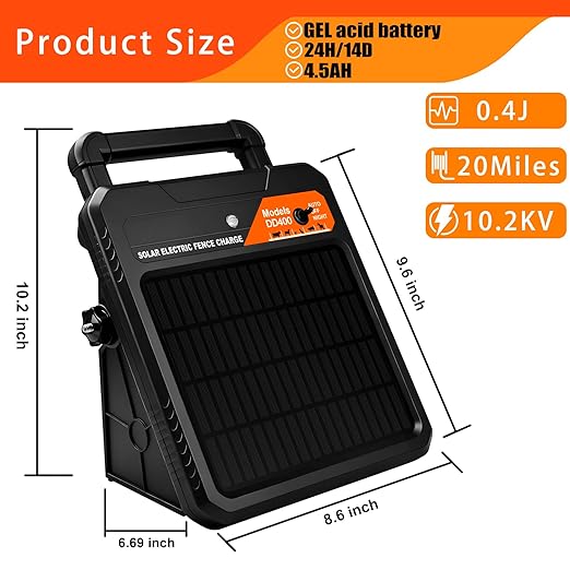 20 Mile Solar Electric Fence Charger, 0.4J Output Solar Fence Kit 10.2 KV Max Voltage, 12V/4.5Ah Battery, Portable Solar Fence Energizer for Livestock & Garden Protection, Includes Alligator Clip