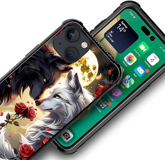 for iPhone 13 Case, Black White Wolf Moon Flower Rose Pattern Graphic Design Girl Boy Soft Silicone Hard Acrylic Shock Protection for iPhone 13