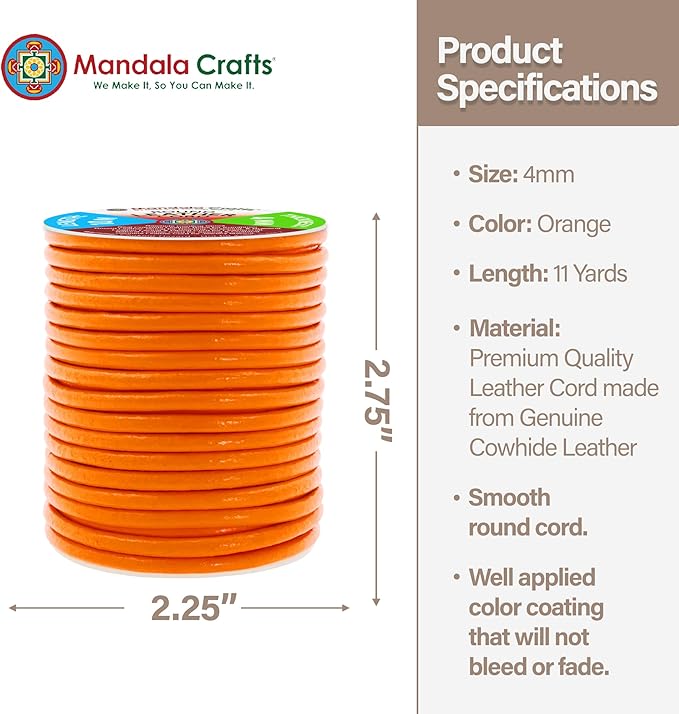 Mandala Crafts Round Genuine Orange Leather Cord for Jewelry Making – 4mm Cowhide Leather Rope String Lace for Kumihimo – 11 Yards Cowhide Craft Cording Spool