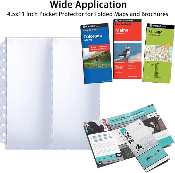 30 Pack 60 Pockets 4.5x11” Folded Map Sleeves, Ultra-Clear Brochure Organizer Pages for 3 Ring Binder, Top Loading Map Protector Sleeves