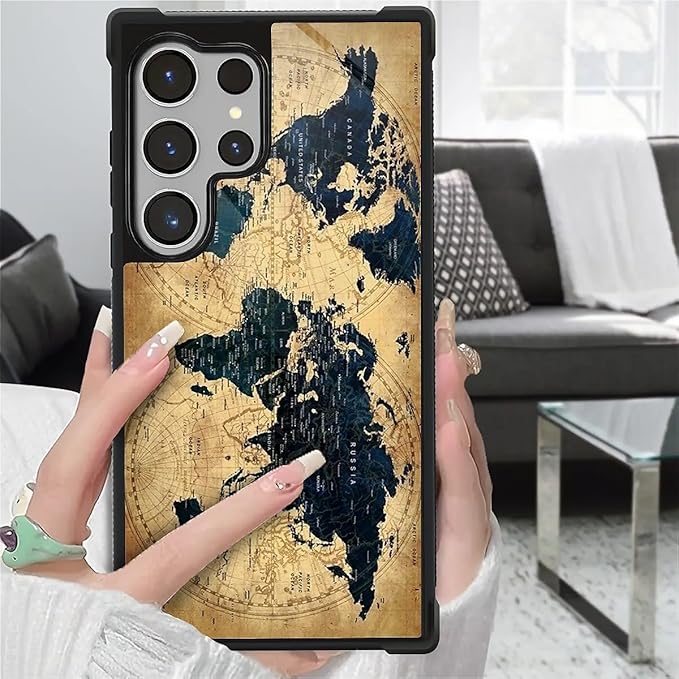 for Samsung Galaxy S26 Ultra Case,Graphic Design for Girl Boy Soft Silicone Hard Acrylic Shock Protection Designed for Samsung Galaxy S26 Ultra Brown World Map Pattern