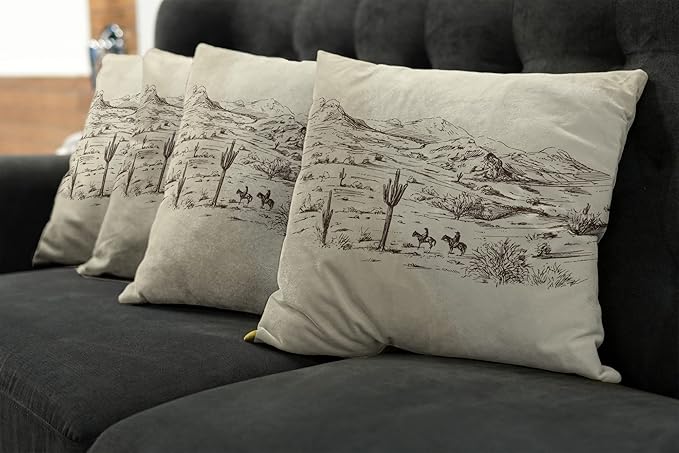 Ambesonne Western Decorative Throw Pillow Case Pack of 4, Wild West Landscape Illustration Mountains Desert Plants Cowboys on Horses, Cushion Cover for Couch Living Room Car, 24", Beige Black