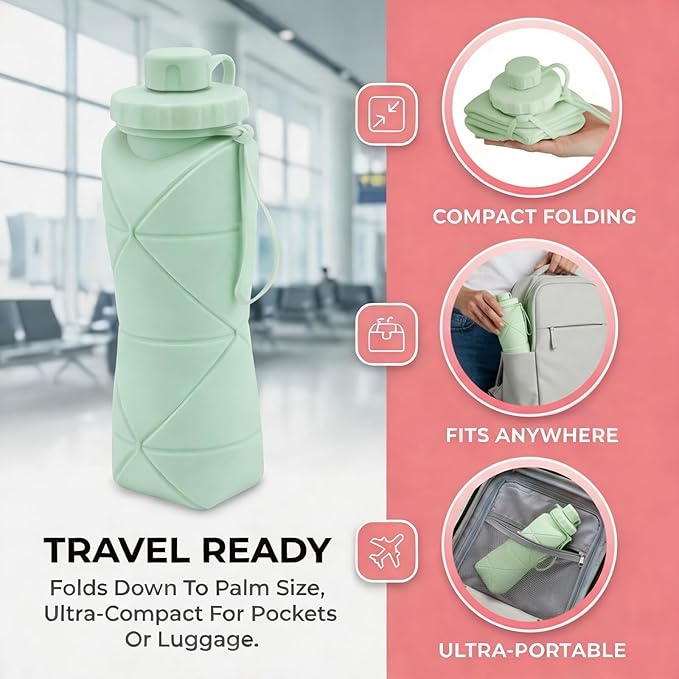 Collapsible Travel Water Bottle 20oz (600ml), BPA-Free, Foldable Silicone Lightweight Reusable Water bottle with Leak-Proof Lid & Lanyard, Portable for Travel Cycling Gym Camping (Green)