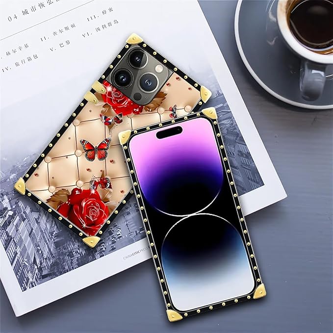 Compatible with iPhone 14 Pro Max Case, Shining Red Rose Butterfly Leather Background Luxury Golden Decoration for Girl Women Soft TPU Shockproof Protective Hard PC Back