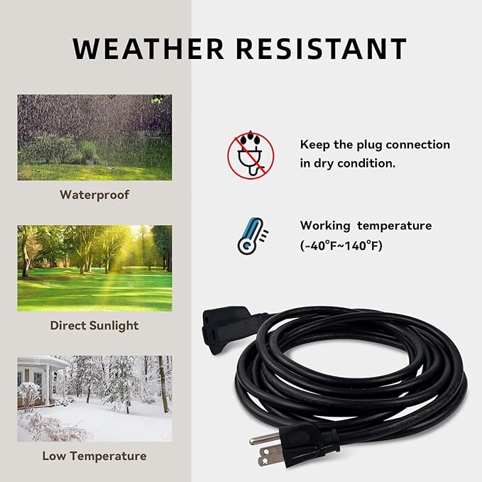 15ft Outdoor Extension Cord - 16/3 Heavy Duty SJTW Waterproof Black Electrical Cable with 3 Prong Grounded Plug for Safety, Great for Lawn and Major Appliances