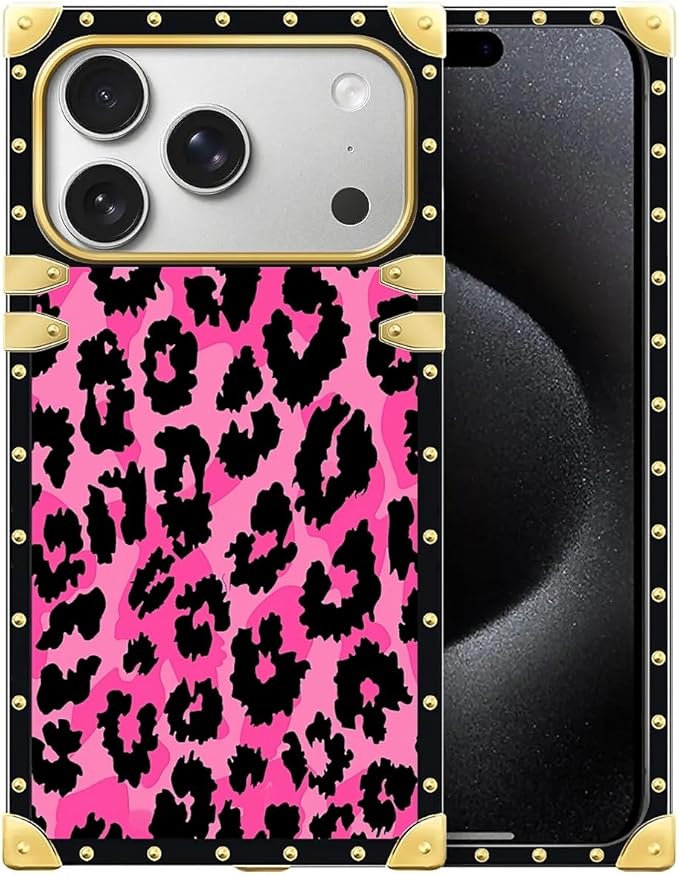 for iPhone 17 Pro Max Case Luxury Golden Decoration for Girl Women Soft TPU Shockproof Protective Hard PC Back for iPhone 17 Pro Max Crazy Pattern Pink Black Leopard