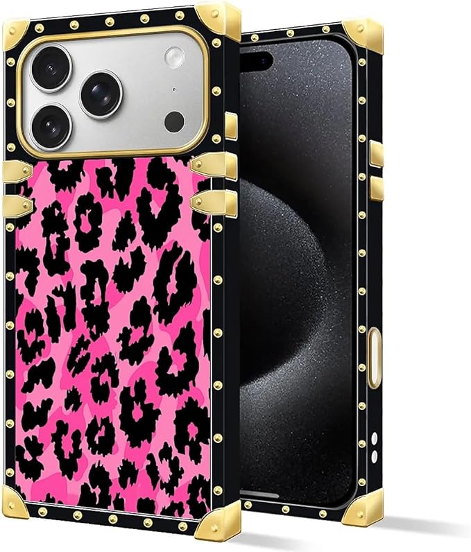 for iPhone 17 Pro Case Luxury Golden Decoration for Girl Women Soft TPU Shockproof Protective Hard PC Back for iPhone 17 Pro Crazy Pattern Pink Black Leopard