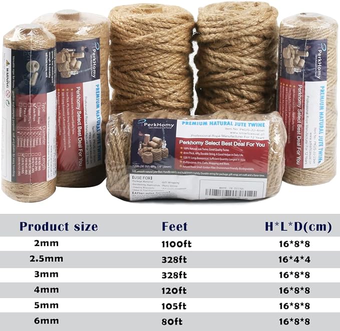 PerkHomy Jute Twine String 3mm 328Ft Natural Thin Ribbon for Craft, Gardening, Wedding Decoration & Packing (328FT * 3mm)