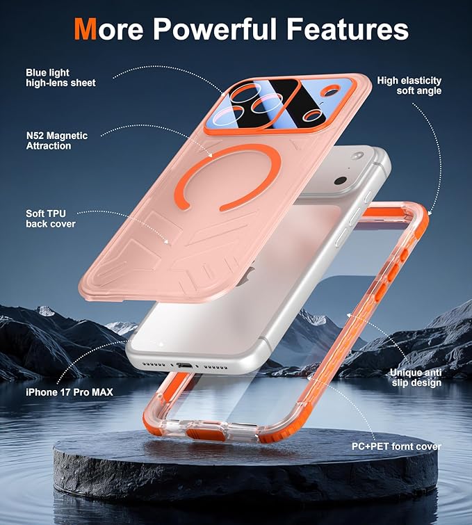 SPIDERCASE Magnetic for iPhone 17 Pro Max Case Waterproof,[Built-in Screen & Camera Protector] [IP68 Underwater] 12FT Military Shockproof, Dustproof, Anti-Scratched Phone Case,Orange/Clear
