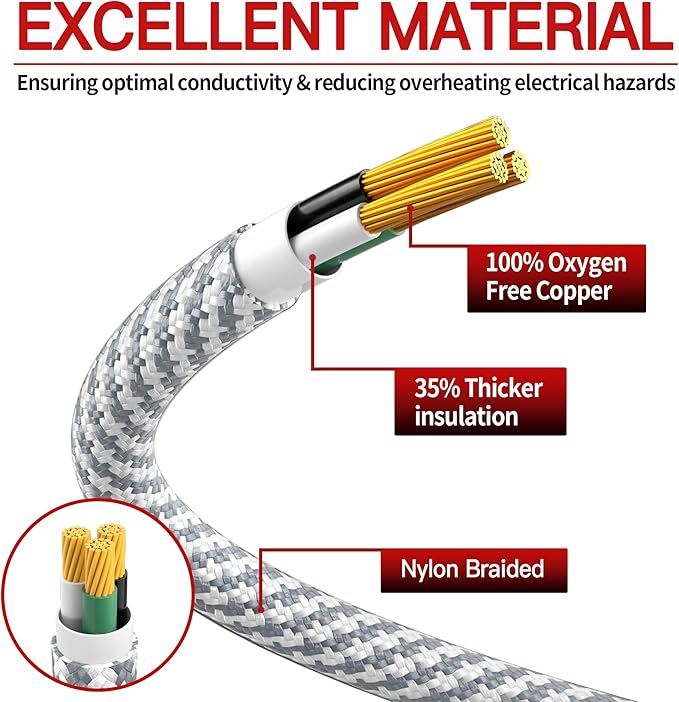16/3 Flat Plug Braided Extension Cord 15 FT, Indoor 3 Prong Grounded Low Profile Extension Wire Flexible, Suitable for Home and Office, 13 Amp 1625 Watt 125VAC 16AWG, ETL Listed