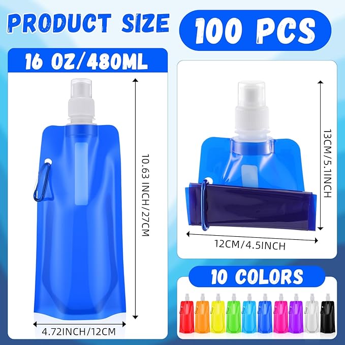 Teenyyou 100 Pack Collapsible Water Bottles Bulk 16oz Foldable Water Bottles with Carabiner Reusable Drinking Leak Proof Container Bags for Sport Biking Hiking Camping Travel Outdoor (Multiple Colors)