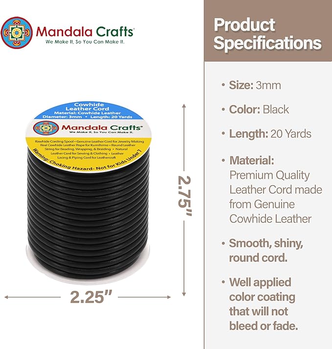 Mandala Crafts Round Cowhide Genuine Black Leather Cord for Jewelry Making Kumihimo Leather Rope Spool - Black String Lace - 20 Yds 3mm Cording