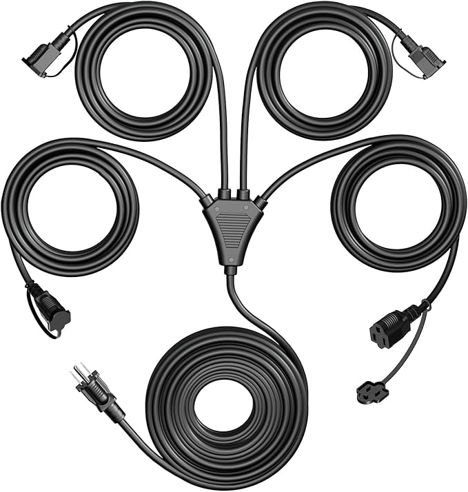 Eversimpleinc Black 1 to 4 Splitter Extension Cord (Combined 46 FT, End to End 28 FT), 3 Prong Plug with 4 Extended Outlets, with Weatherproof Covers for Indoor and Outdoor