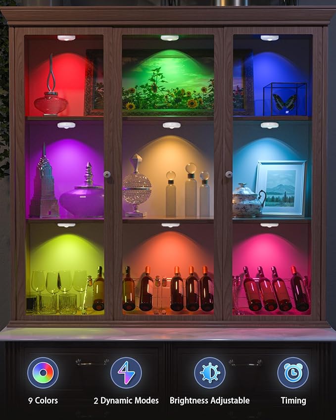 WILLED RGB Rechargeable Puck Lights with Remote Control, Under Cabinet Lighting Wireless, Dimmable Push Lights, Multicolor and Timing Function, LED Puck Lights for Kitchen, Cabinet and Shelf(6 Pack)