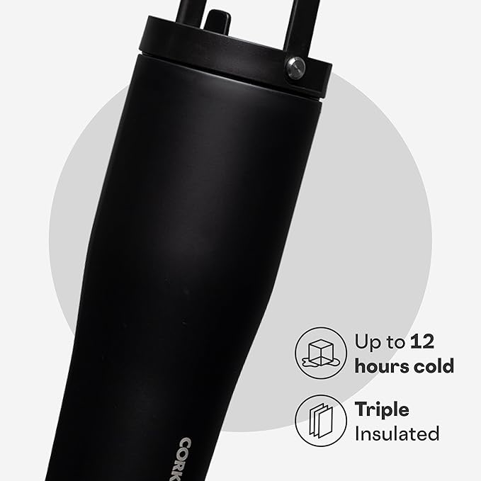Corkcicle Go Cup XL - Leak-Proof Travel Tumbler - Triple Insulated Stainless Steel Water Bottle - Easy-Carry Handle - Summer Drinkware Gift - Keeps Drinks Ice Cold - 30 oz - Matte Black