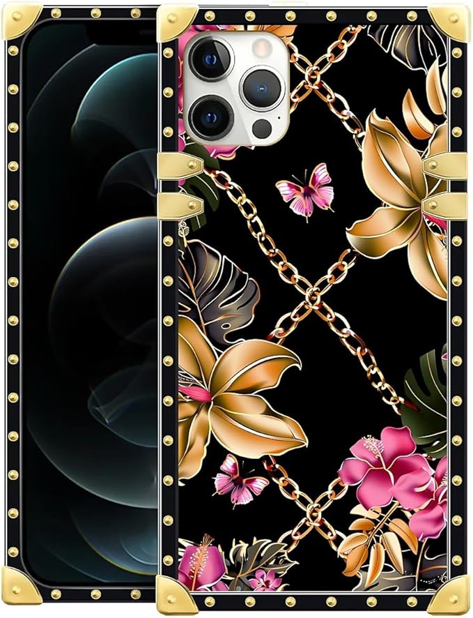 Compatible with iPhone 11 Pro Max Case, Pink Golden Chain Tropical Flower Luxury Golden Decoration for Girl Women Soft TPU Shockproof Protective Hard PC Back for iPhone 11 Pro Max