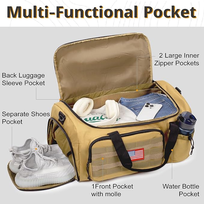 Tactical Gym Bag for Men, 60L Large Capacity Duffle Bags with Shoes Compartment, Sports Bag with wet compartment, Multi-functional Weekend Bags Suitable for Travel, Camping,hiking