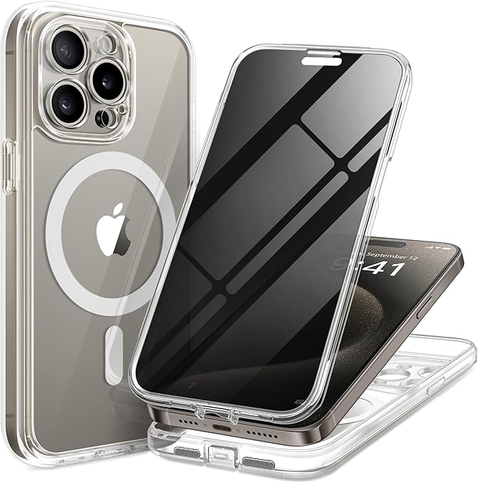 TIESZEN for iPhone 15 Pro Max Case, Compatible with MagSafe, Built-in Privacy Screen Protector and Camera Protection, Anti Spy Full Body Dustproof Shockproof Hard Phone Case 6.7",Clear