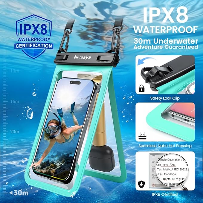 Niveaya Double Space Waterproof Phone Pouch, IPX8 Phone Case with Lanyard for iPhone 17 16 15 Pro Max, Galaxy S25 Ultra, Cellphone Dry Bag for Beach, Cruise Travel Ship Essentials 2 Pack (up to 8.3")