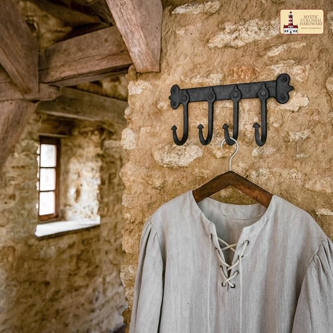 Mystic Colonial Medieval Rustic Hand-Forged Iron Wall Mounted Coat Rack (1 Pc, 4 Hooks) (5 in x 11 in) | Vintage Black Finish Heavy-Duty Utility Hanger for Coats, Towels, Keys & Bags