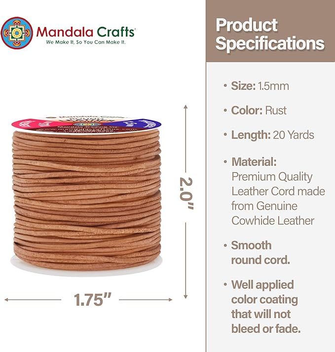 Mandala Crafts Round Genuine Rust Leather Cord for Jewelry Making – 1.5mm Cowhide Leather Rope String Lace for Kumihimo – 20 Yards Cowhide Craft Cording Spool