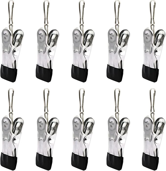 10PCS Small Clothes Pin with Hook for Easy Hanging, Stainless Steel Clothespins, Metal Laundry Grip Clips, Anti Rust, Multipurpose