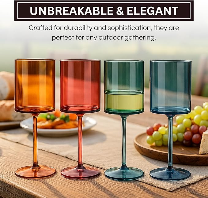Unbreakable Stemmed Square Tritan Acrylic Floating Wine Glasses European Style | Set of 4 | 100% US Drinkware, 18 oz Dishwasher Safe Muted Color Shatterproof BPA-free plastic, All Purpose Glassware