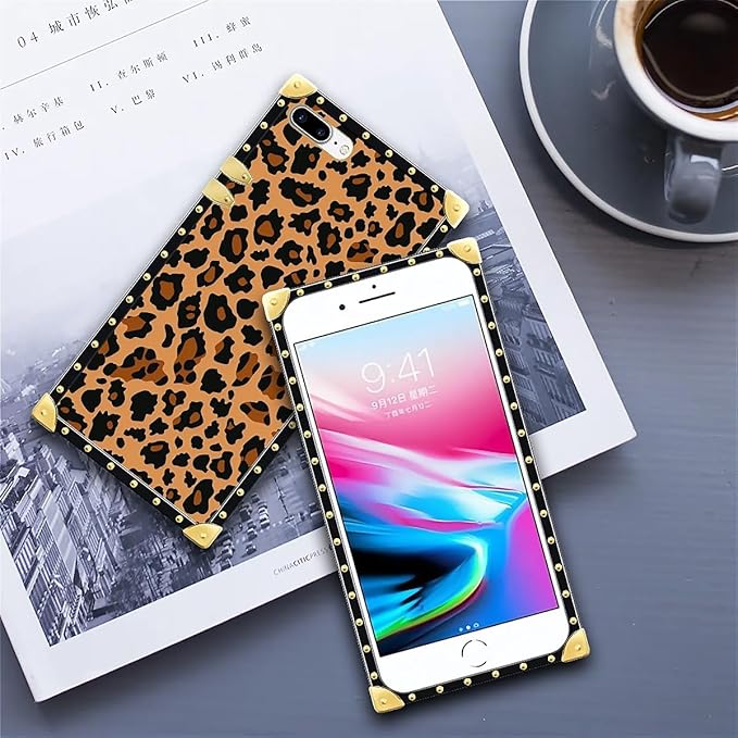 Compatible with iPhone 8 Plus 7 Plus Case, Brown Leopard Texture Luxury Golden Decoration for Girl Women Soft TPU Shockproof Protective Hard PC Back for iPhone 8 Plus 7 Plus