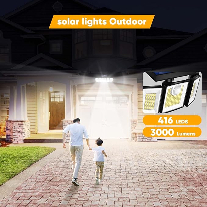 MDCMDCM Outdoor Solar Light Motion Sensor Waterproof - 3000 Lumens 3 Modes 416 LEDs 32ft 2400mAh 5 Heads Security Lights Flood Lights with Remote for Patio Yard Pool Outside （Wireless, 2p）