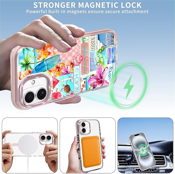 Case for iPhone 16,[Compatible with MagSafe],Coastal Beach Cover Coquette Collage Phone Case Design，for Women Girls Magnetic Clear Cover - Slim, Sleek, & Shockproof Protection