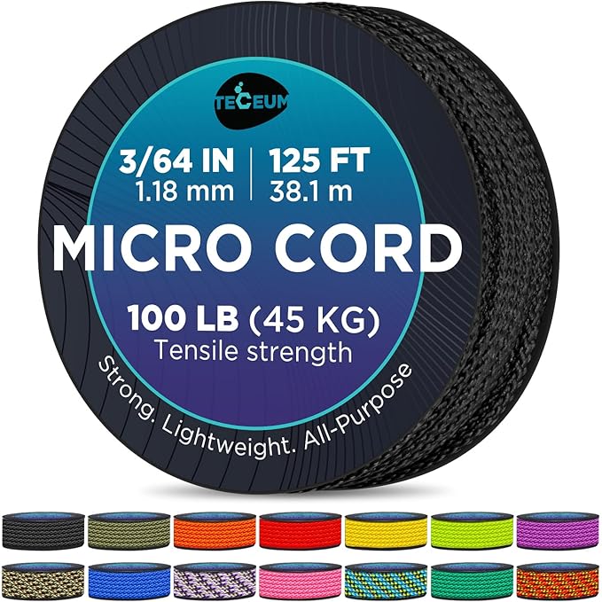 TECEUM Micro Paracord – 1.18 mm X 125 ft – Micro Utility Cord – Thin Braided Paracord Rope – Best for Crafting, DIY Projects, Fishing, Camping – Wind Chime Replacement – Survival Strong String