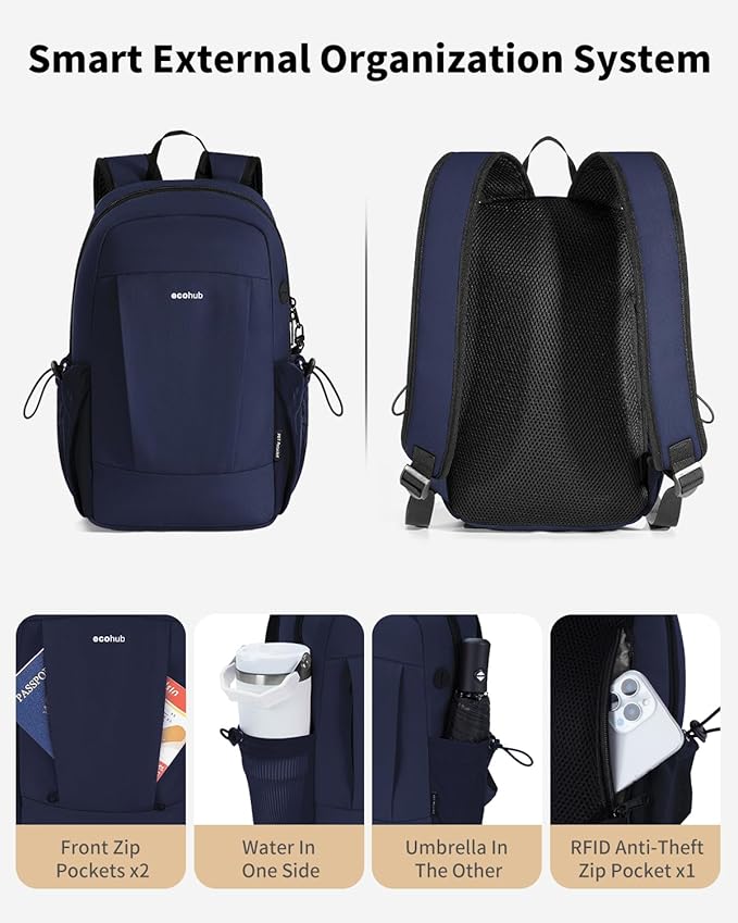 ECOHUB Mini Anti-Theft RFID Backpack for Women and Men, Water-Resistant, Lightweight Travel Daypack with iPad Sleeve, Key Holder, 9 Pockets, Stylish Comfortable, Blue