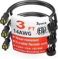 HUANCHAIN 14 Gauge 3 Feet (3 Pack) Flat Plug Extension Cord Black Indoor Outdoor, Heavy Duty 3 Prong Grounded Low Profile Extension Wire Flexible, 15A 1875W 125V 14AWG SJTW, ETL Listed