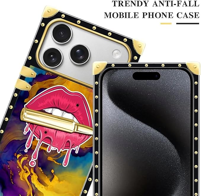 for iPhone 17 Pro Case Luxury Golden Decoration for Girl Women Soft TPU Shockproof Protective Hard PC Back for iPhone 17 Pro Crazy Pattern Cool Corlorful Lip Marble