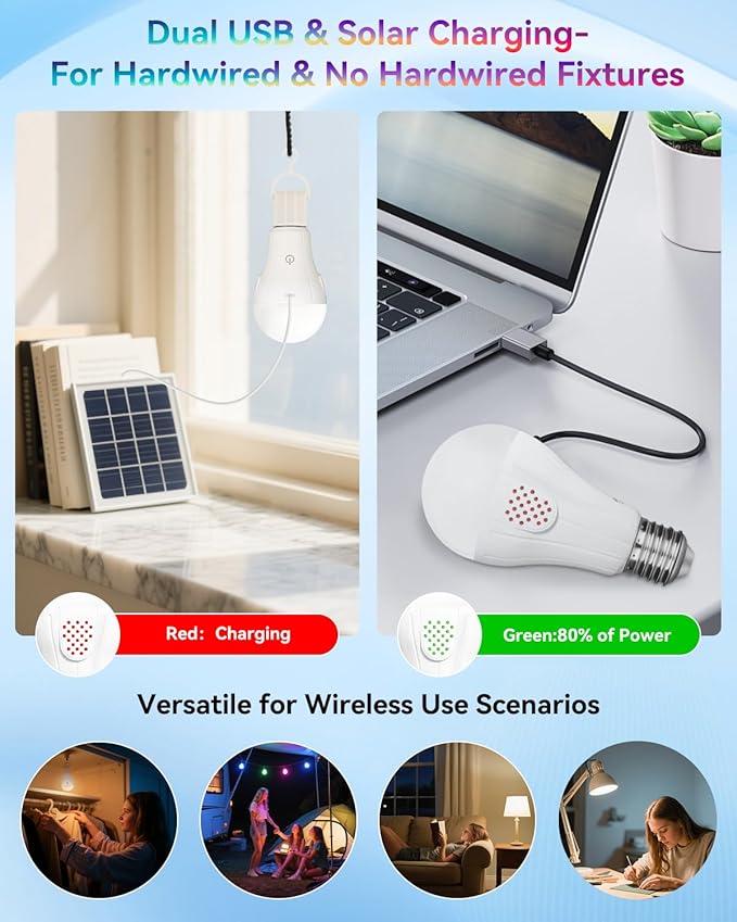 RGB WirelessGlow Rechargeable Light Bulbs with Remote, 8 Color & Dimmable Battery Operated Light Bulb with Memory Mode, 2 Timer, Cordless E26 Bulb for Wall Sconce, Nursery, Power Outage, Closet, 2PK