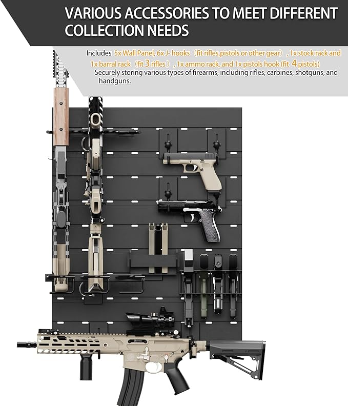 Wall Rack System - Heavy-Duty Aluminium Tactical Storage for Rifles, Carbines, Shotguns & Handguns, Modular Slatwall Organizer Holds up to 3 Rifles, 7 Pistols & 4 Mags