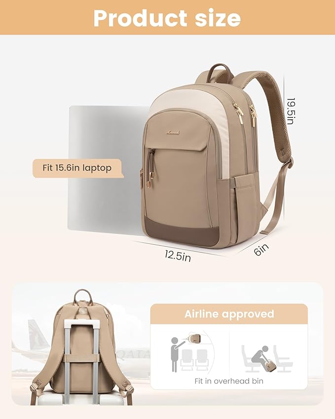 LOVEVOOK Laptop Backpack for Women, 15.6 inch Waterproof College Backpack Woman with Laptop Compartment Computer Bag Travel Backpack Purse, Large Black Computer Daypack for Work Casual, Beige Khaki