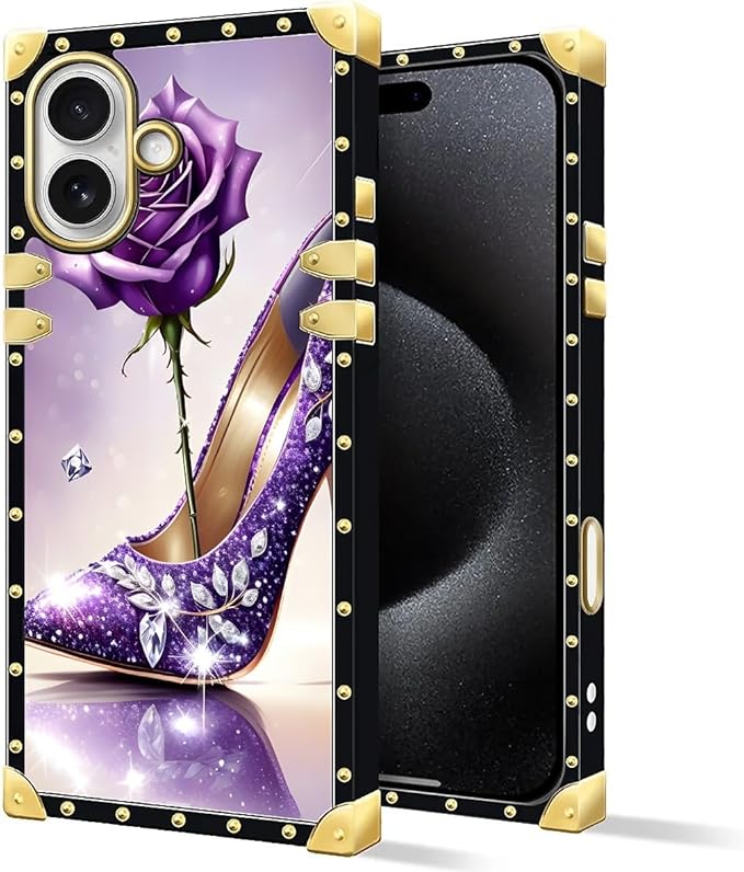 for iPhone 17 Case Luxury Golden Decoration for Girl Women Soft TPU Shockproof Protective Hard PC Back for iPhone 17 Crazy Pattern High Heeled Purple Diamond Rose