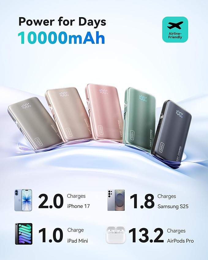 INIU Portable Charger, Ultra Slim & Small 45W Fast Charging Power Bank, 10000mAh GaN Battery Pack with Built-in AC Wall Plug, Flight-Safe Travel 3-in-1 Powerbank, for iPhone 17 16, Samsung, Tablet etc