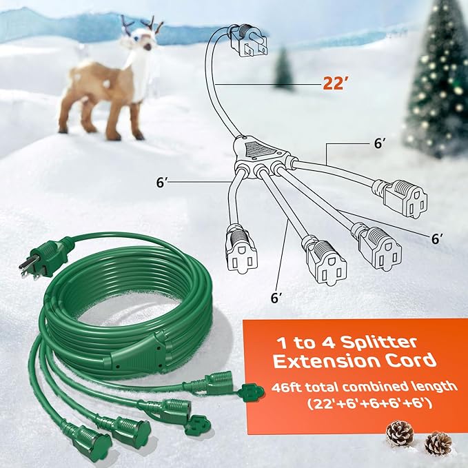 Eversimpleinc 1 to 4 Splitter Extension Cord (Combined 46 FT, End to End 28 FT), 3 Prong Plug with 4 Extended Outlets, with Weatherproof Covers for Indoor and Outdoor