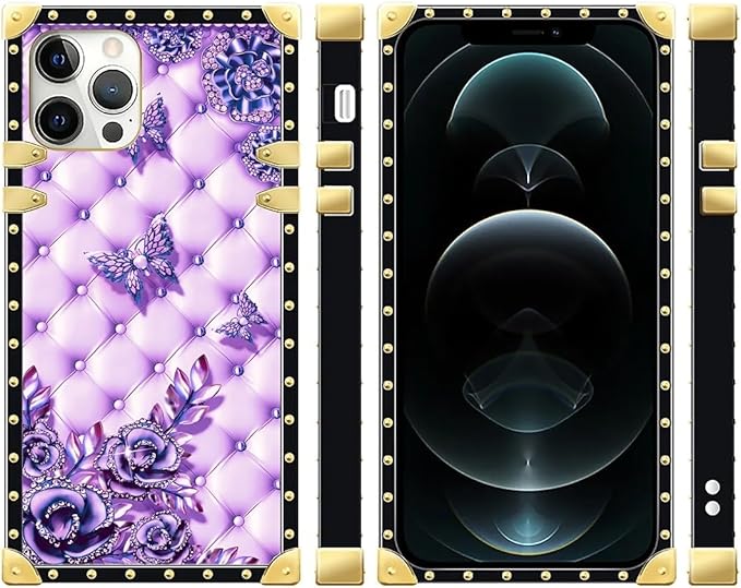 Compatible with iPhone 12 Case, Purple Butterfly Flowers Leaf Luxury Golden Decoration for Girl Women Soft TPU Shockproof Protective Hard PC Back for iPhone 12 Pro